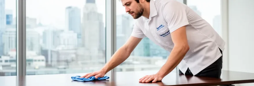 Professional cleaner maintaining modern Oakville office space